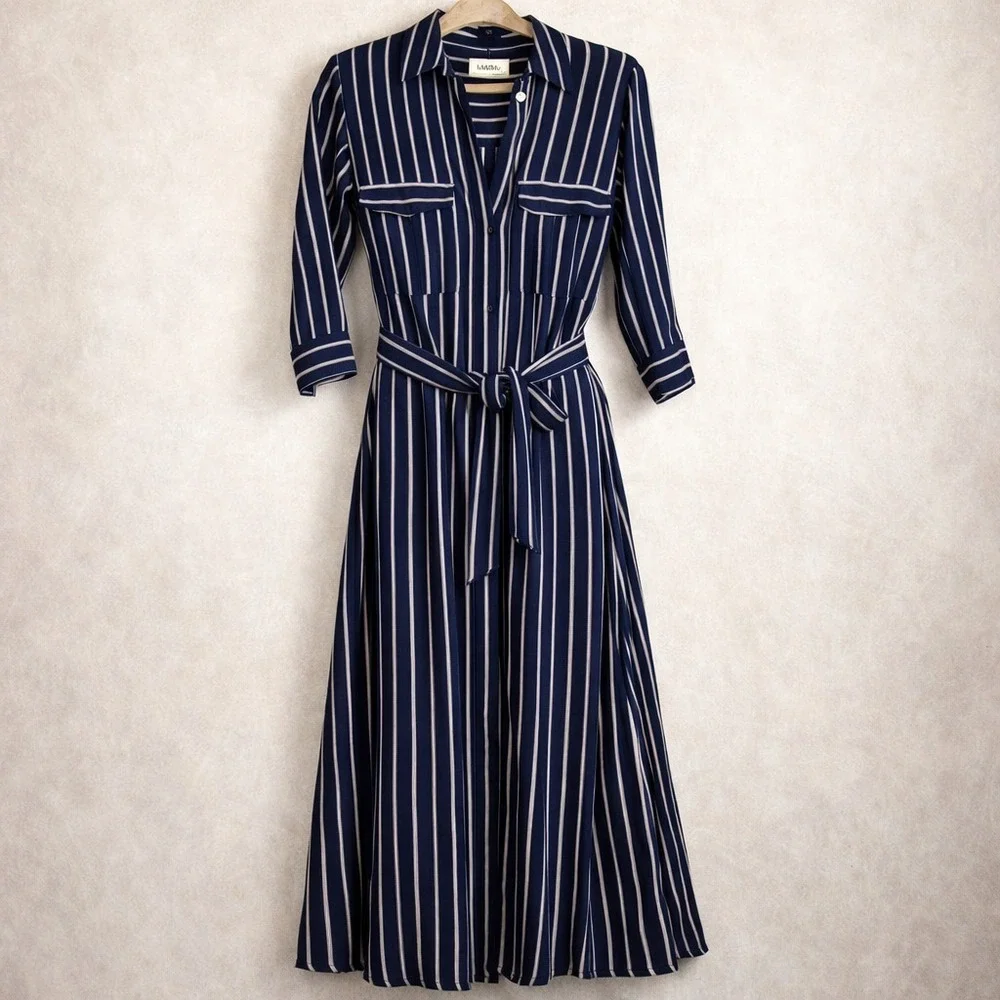 L'Agence Cameron Silk Maxi Shirt Dress S Navy White Stripe Belted Chic - Picture 3 of 9